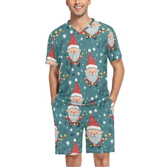 joogoo Men's Pajama Set Christmas Gnomes V-Neck Pj Shorts Set 2 Piece Loungewear Sleepwear L