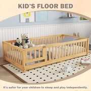 Bellemave Montessori Twin Size Solid Wood Floor Bed with Fence and Door, Twin Montessori Floor bed, Floor Bed Twin, Natural