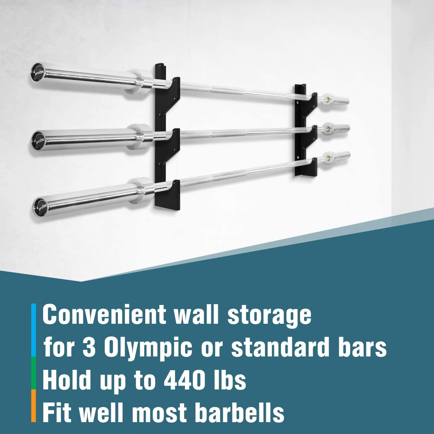 Yes4All Horizontal Wall Mounted Barbell Rack - 3 Bar Vertical Barbell Storage Rack - Weight Bar Holder (1 Pair)