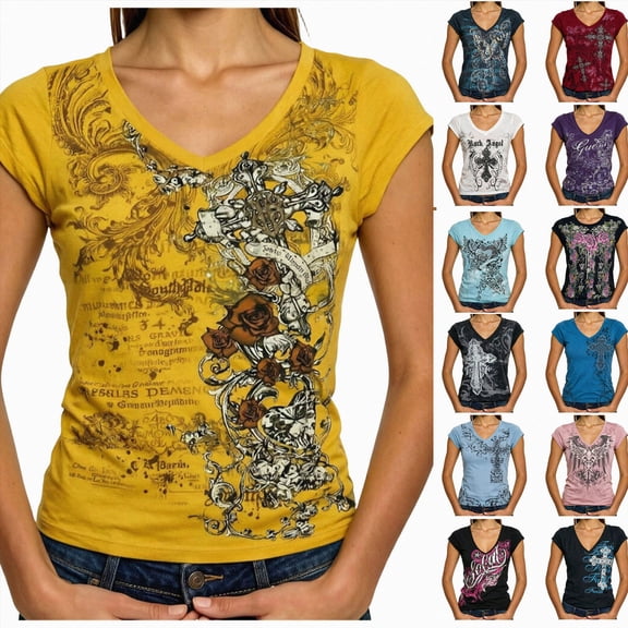 Women Y2K Grunge Vintage Graphic Tees V-Neck Short Sleeve Slim Fit T-Shirt Emo Clothes for Teen Young Girls 2000s Streetwear Blue Size M