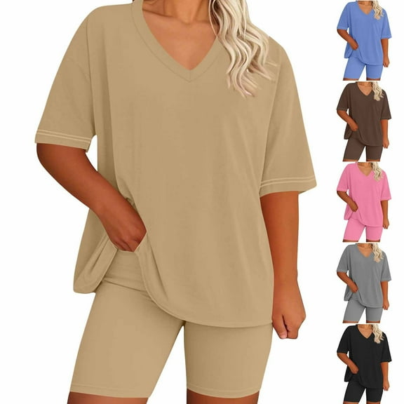 Yteetum Two Piece Outfits For Women Summer Plus Size Solid Color V-Neck Short Sleeve Top Homewear T Shirts and Shorts Two Piece Sets XXXXL