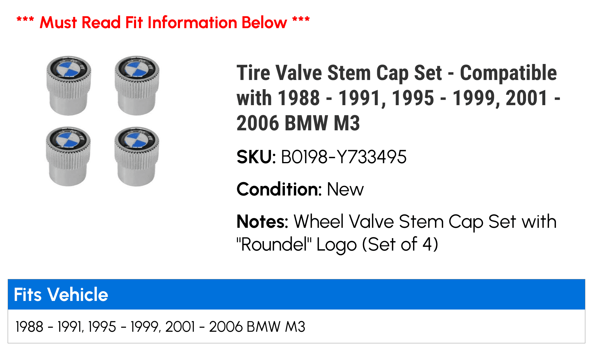 Tire Valve Stem Cap Set - Compatible with 1988 - 1991, 1995 - 1999, 2001 - 2006 BMW M3 1989 1990 1996 1997 1998 2002 2003 2004 2005