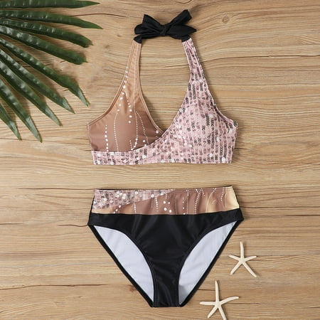 Ayolanni Gold Womens Bikini Underwear Cotton Separate Tie Halter Graphic Two-Piece Sets Swim Tops for Juniors M