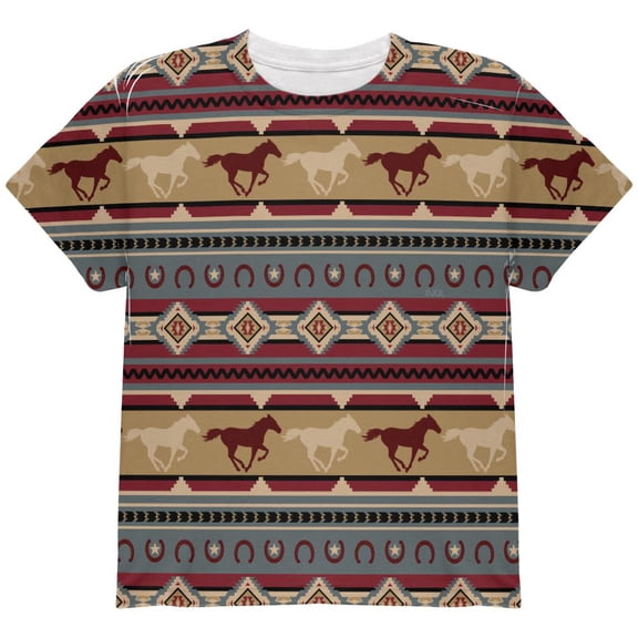 Southwestern Wild Horse Mustang Pattern All Over Youth T Shirt Multi YXL