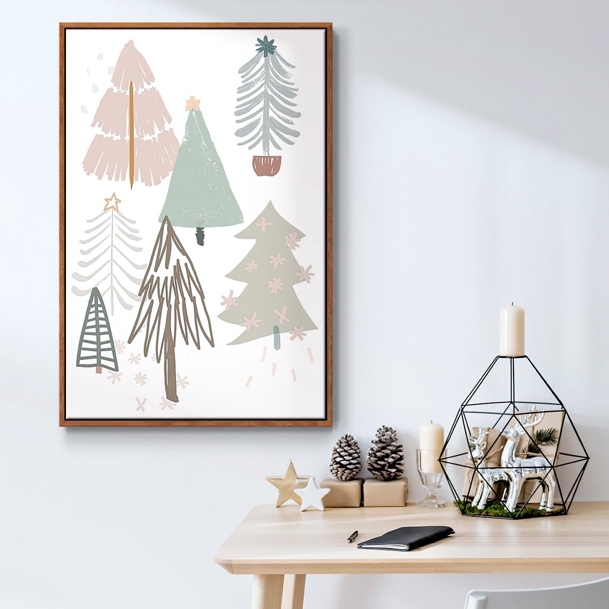 Christmas Tree Sketchbook Collection B - Framed Gallery Wrapped Holiday Canvas - 17 x 25 - Rosewood Frame