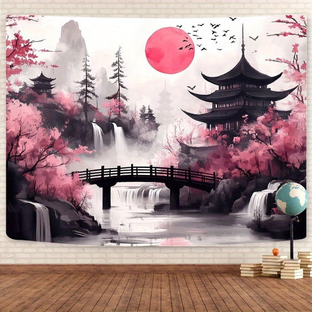 Tapiz para colgar en la pared, paisaje japonés de cerezos en flor, 100 x 70 cm