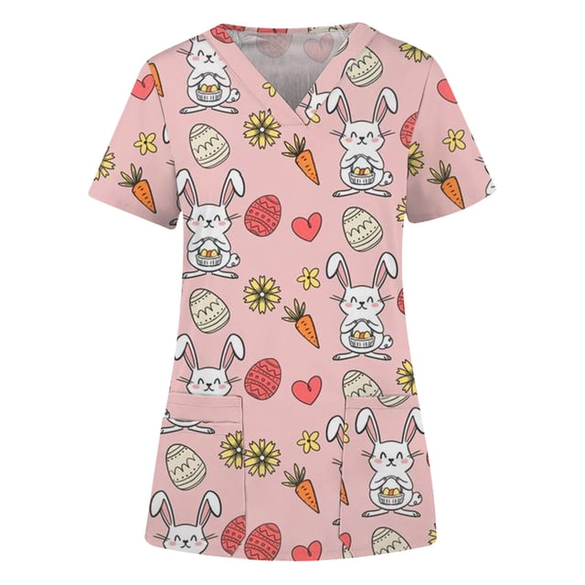 Ichuanyi Womens Swimsuits Clearance Women's Fashion Easter Rabbit Print V-neck Short Sleeve Pocket Workwear Top Ichuanyi Ichuanyi