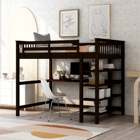 Loft Bed with Storage Shelves and Desk  Wood Full Size Loft Bed Frame with Safety Guardrails & Ladders  Multifunctional Loft Bed with Underbed Storage Space & Workstation No Box Spring Needed Espresso