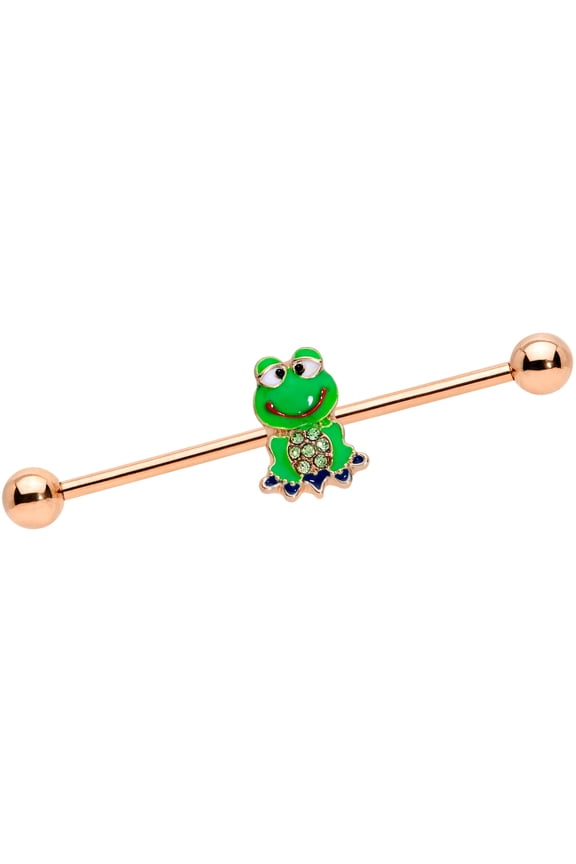 Womens 14G Plated Steel Helix Cartilage Rosy Green Accent Green Frog Industrial Barbell 1 1/2"