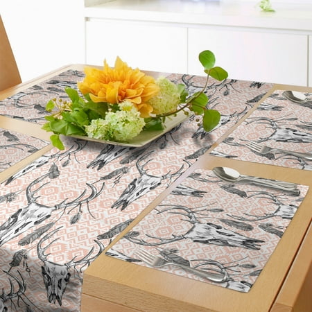 

Tribal Table Runner & Placemats Detailed Deer Skull Feathers on a Background of Prehistoric Motifs Set for Dining Table Decor Placemat 4 pcs + Runner 12 x90 Blush Dark Grey by Ambesonne