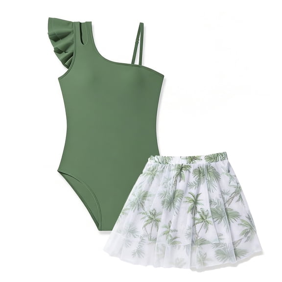Lullu Girls Ruffle One Shoulder One-Piece Swimsuit with Beach Skirt, 2-Piece, Sizes 7-16