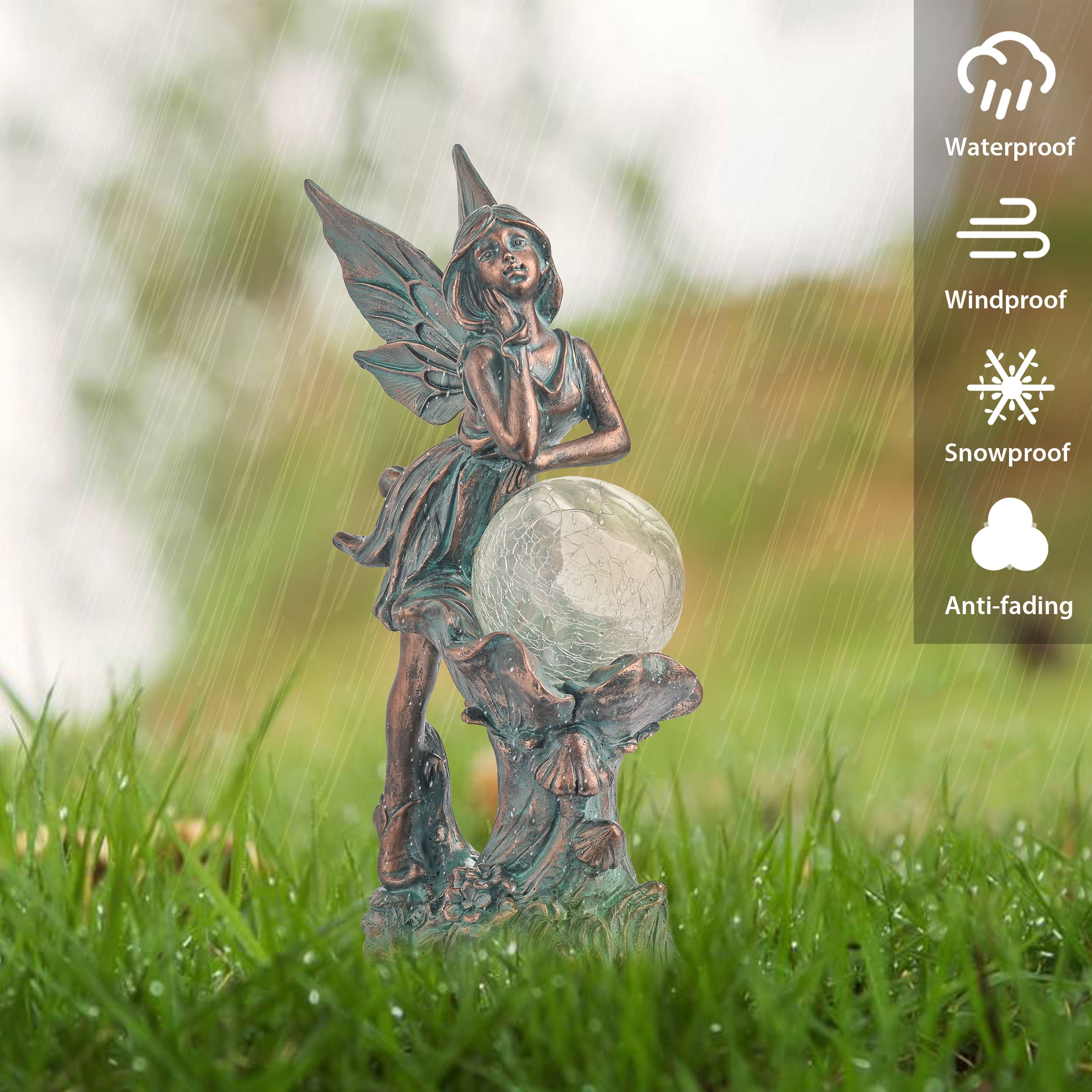 TERESA'S COLLECTIONS 12.4" Fairy Garden Statue with Solar Light, Patina Bronze Resin Sculpture with Crackle Glass