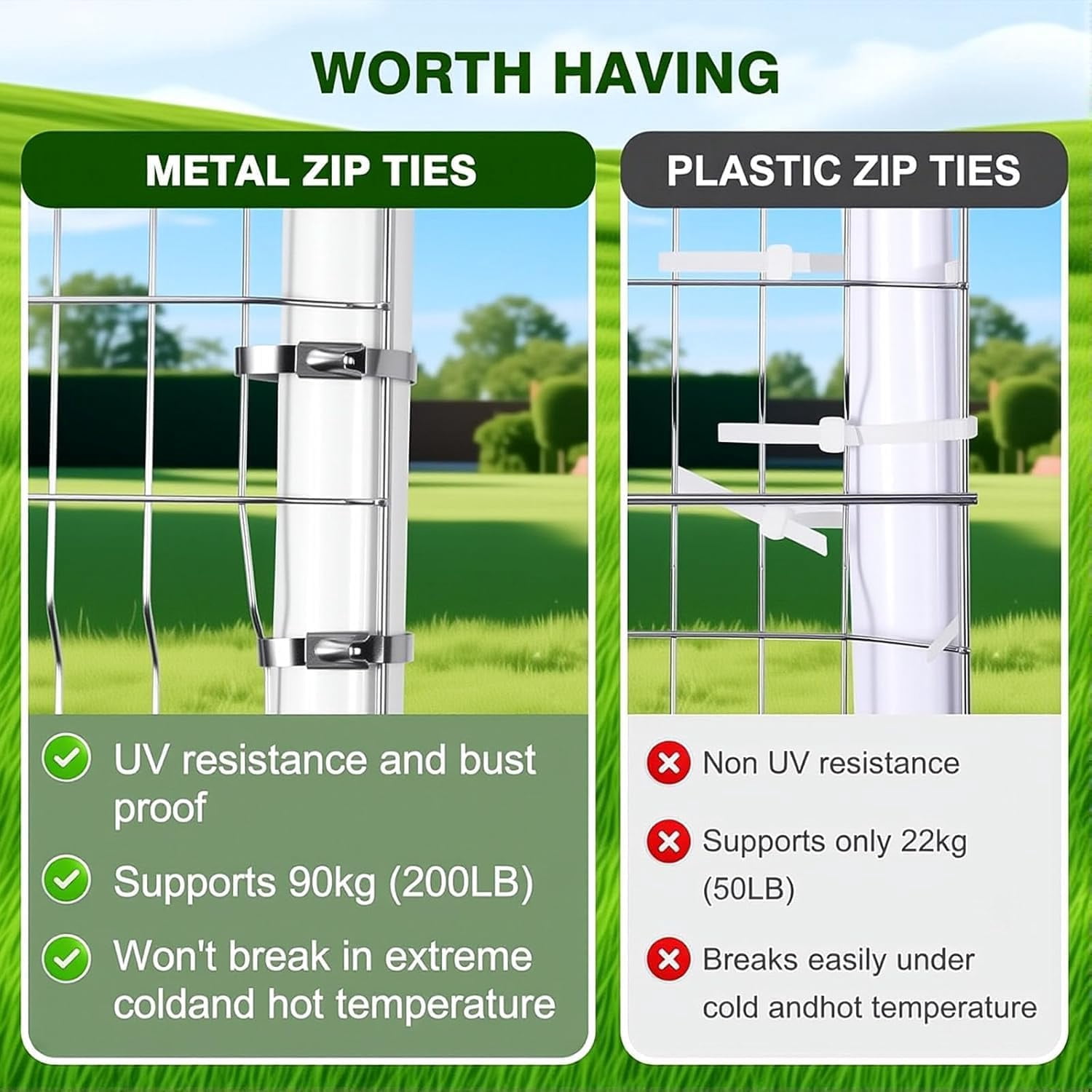Stainless Steel Cable Tie Gun with Metal Zip Ties,Stainless Steel Cable Tie Gun Kit with 150pcs, Self Locking Metal Steel Wire Ties, UV Resistant Chain Link Fence Parts for Outdoor