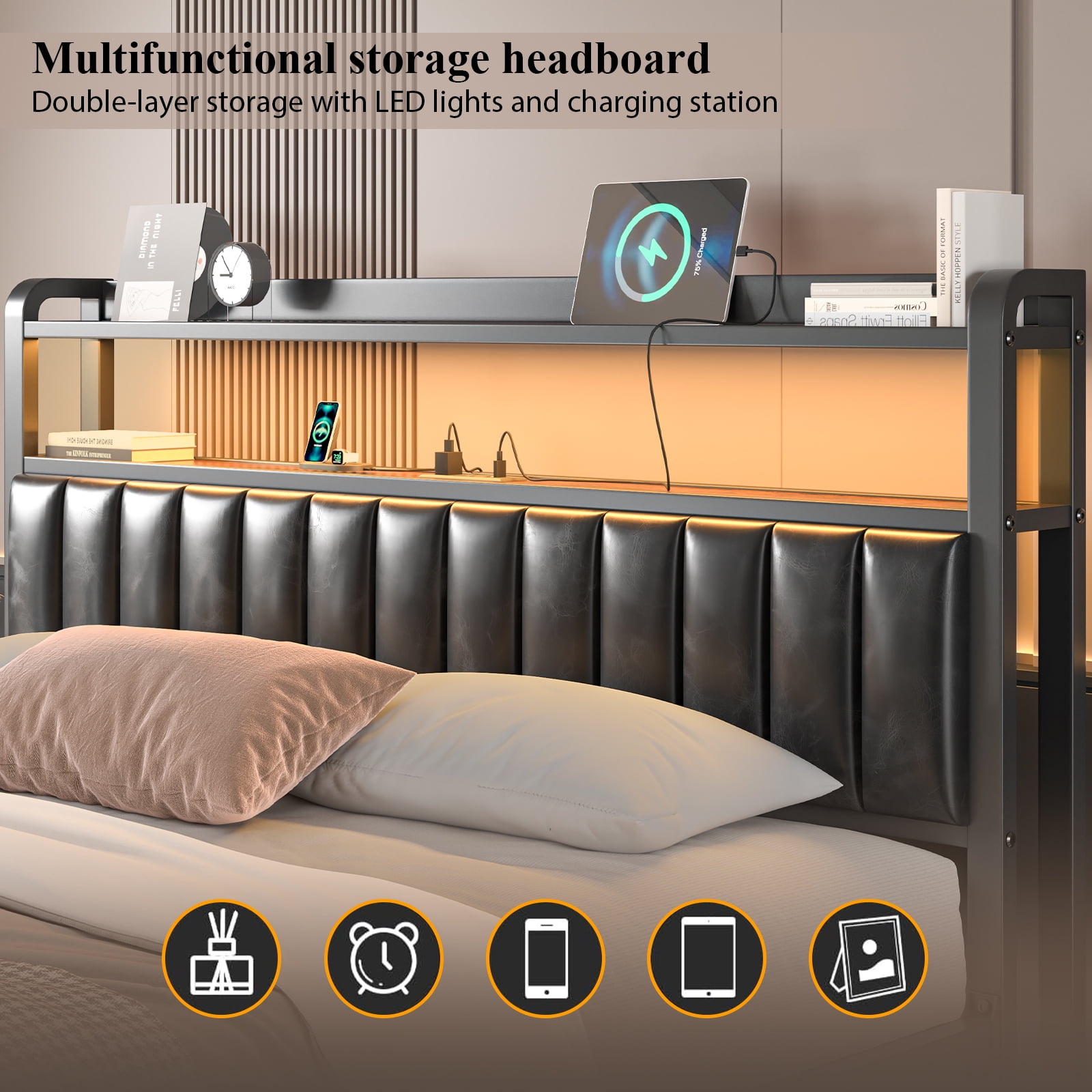 Full Size Bed Frame with Storage Drawer, LED Upholstered Platform Bed with Charging Station, Metal Slats, Black