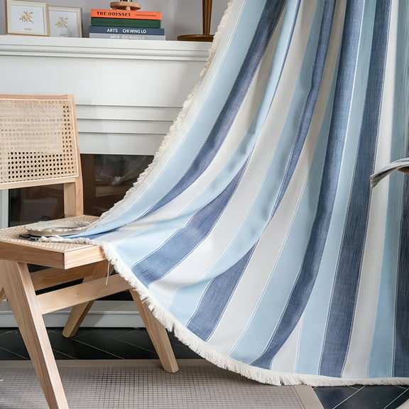 AUQ Stripe Sheer Curtains Grey and Smoke Blue Color Block Linen Farmhouse Window Panels 84" Rustic Light Filtering Drapes for Living Room Bedroom Rod Pocket Set of 2