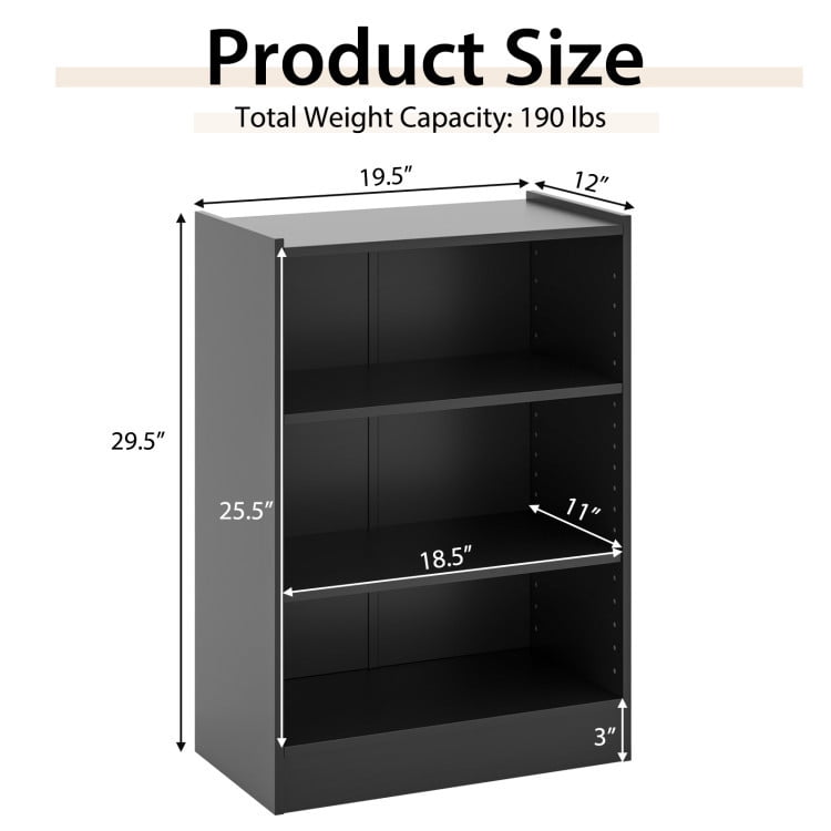Resenkos Bookshelf,Shelf, Open Bookcase Book Shelf,Storage Shelf Unit Plant Stand,3-Tier Bookcase Open Display Rack Cabinet with Adjustable Shelves-Rustic Black