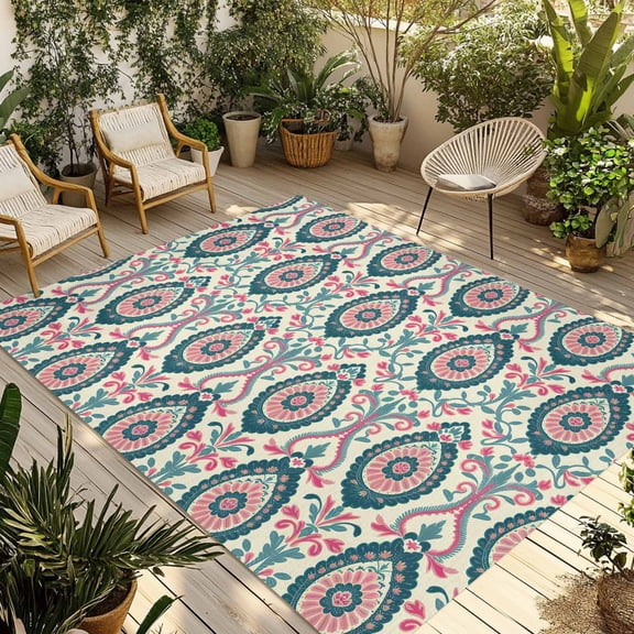 Fsddascl Boho Floral Outdoor Rug for Patio/Deck/Porch, Non-Slip Large Area Rug 4 x 6 Ft, Pink Green Farmhouse Abstract Geometric Art Indoor Outdoor Rugs Washable Area Rugs, Camping Rug Carpet