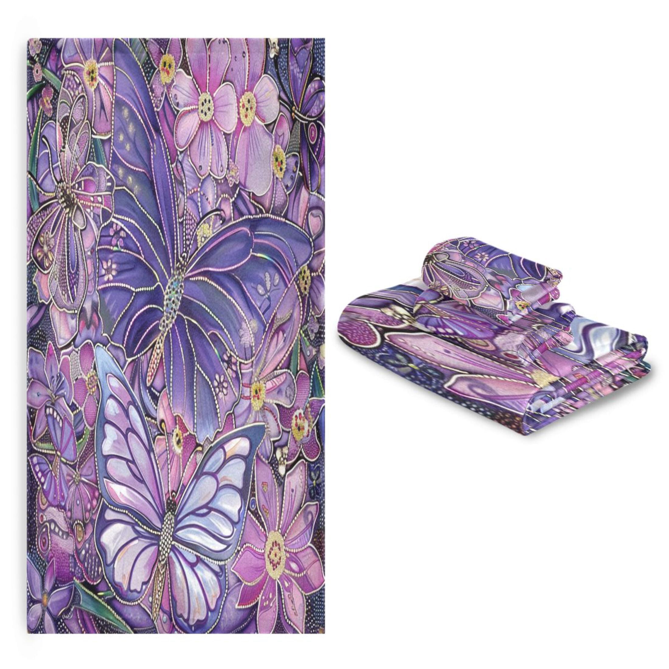 BZSMCE 3piece Bath Towel Sets Hand Bath Towels Fashion Purple Butterfly Garden Printed Towel Sets