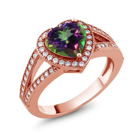 Gem Stone King 18K Rose Gold Plated Silver Ring Heart Shape Mystic Topaz and Moissanite (2.49 Cttw) (Size 6)