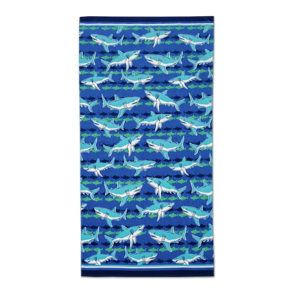 Printed Shark Waves Beach Towel, Soft Absorbent 30 x 60 Inches Cotton