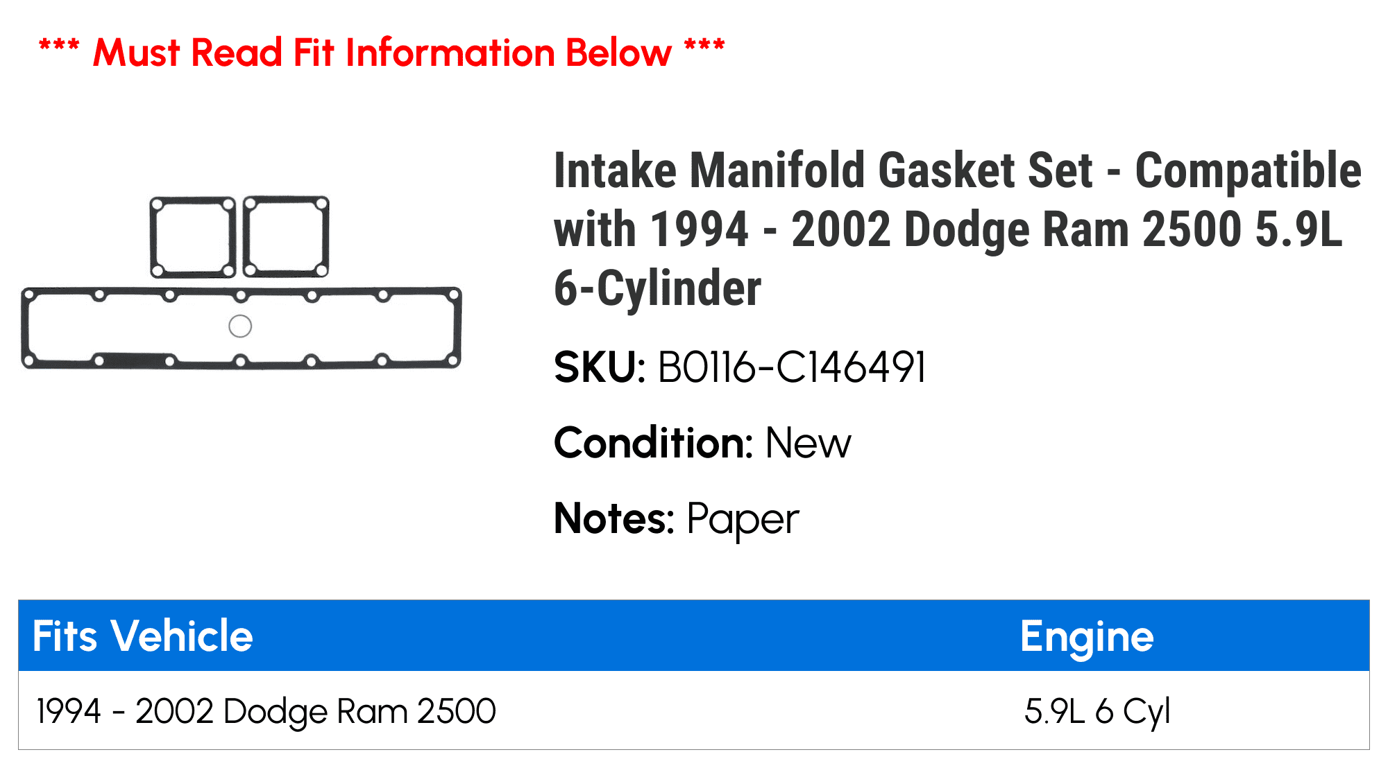 Intake Manifold Gasket Set - Compatible with 1994 - 2002 Dodge Ram 2500 5.9L 6-Cylinder 1995 1996 1997 1998 1999 2000 2001