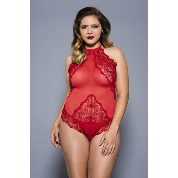 Plus size high neck scalloped trim lace teddy with sheer back 80055Q-RED