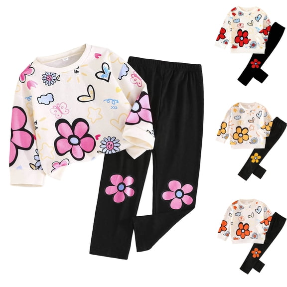 TTUHYWXI Toddler Girl Clothes Floral Printed Sweatshirt Pants 2Pcs Fall Outfits for Little Girls Clothing Set Size 3-7 Years (Orange, 3-4 Years)