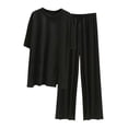 thumbnail image 2 of uublik Pants Sets Women 2 Piece Outfits Short Sleeve Round Neck Tops High Waisted Pants Suit Set Black, L, 2 of 5