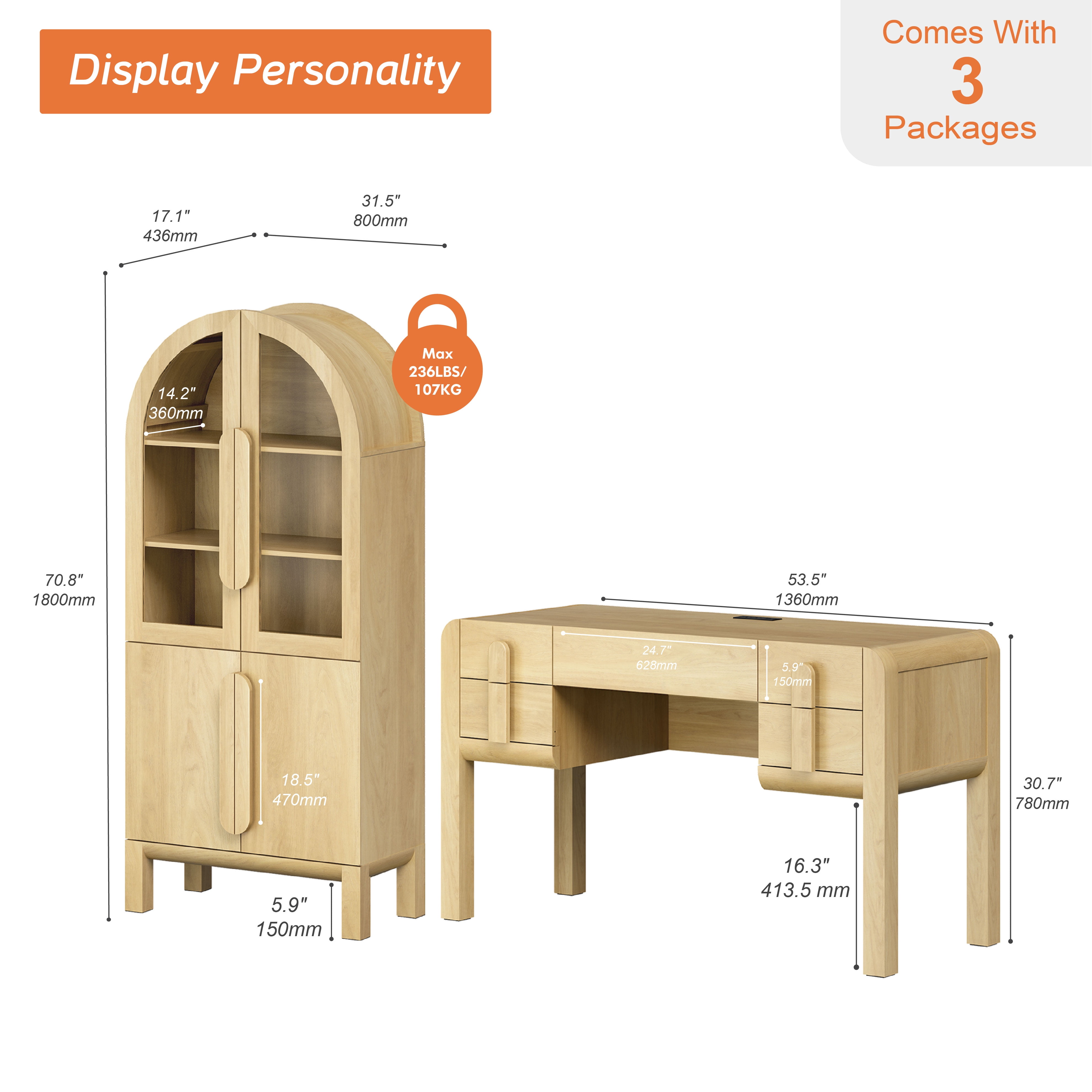 2 Piece Office Set, 53.5" Modern Executive Desk with Charging Station and Drawers & 71"H Tall 5-Tier Arched Bookcases with Glass Door for Living Room, Bedroom, Home Office