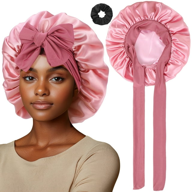 Auidy_6TXD Satin Bonnet, Silk Bonnet for Sleeping Women, Silk Sleep Cap Double Layer, Ajustable Hair Bonnet with Tie Band for Women Curly Hair