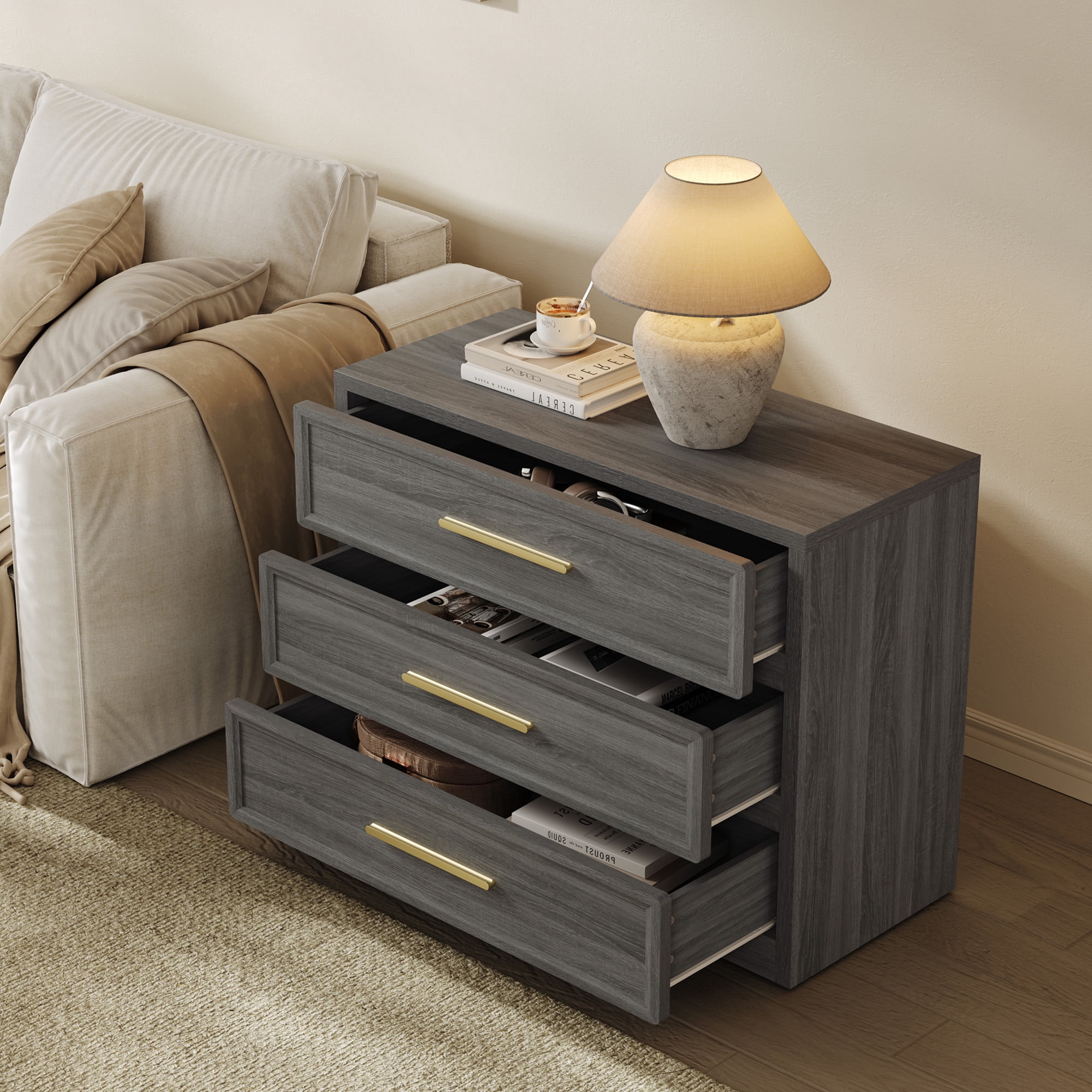 SICOTAS 31.3" W 3-Drawer Nightstand with Oversized Large Storage , Modern Night Stands Bedside Table with Adjustable Feet & Gold Handles for Bedroom Living Room Entryway, Dark Grey Oak