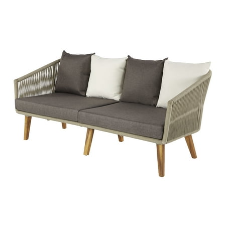DecMode Woven Rope Wood Outdoor Sofa with Polyester Cushions and Slender Tapered Legs - Gray