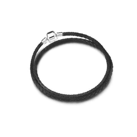Black Leather & Silvertone Double-braided Charm Bracelet