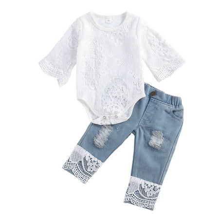

Peyakidsaa 2Pcs Baby Girl Boho Clothes Lace Romper Ripped Denim Jeans Outfits 12-18 Months