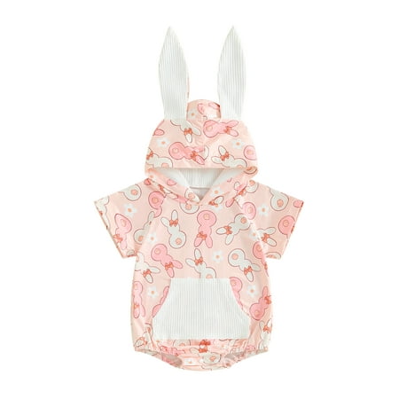 

Qtinghua Newborn Infant Baby Girl Boy Easter Hooded Jumpsuit Bunny Print Short Sleeve Romper with Pocket Summer Clothes Pink 12-18 Months