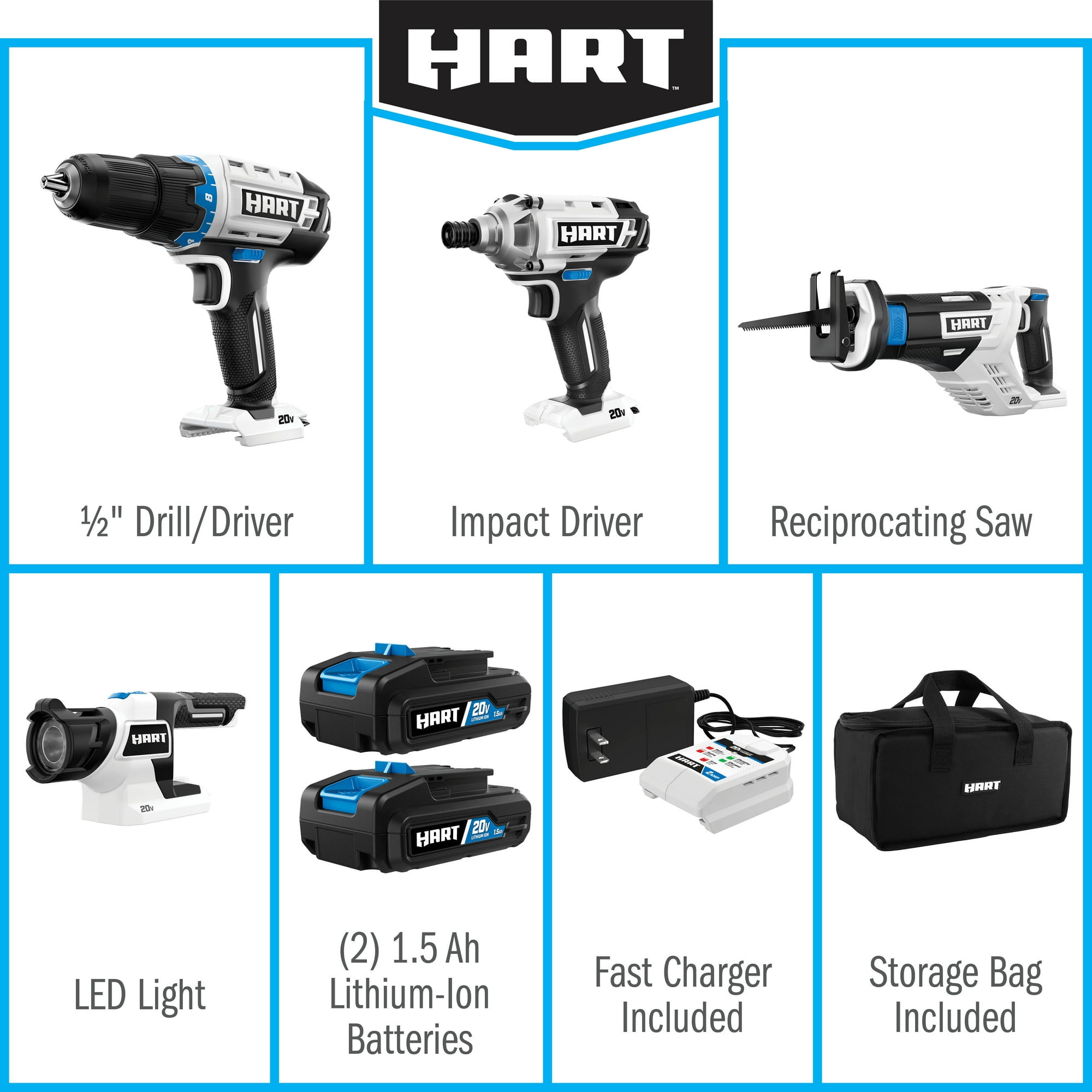 Restored) HART 20-Volt Cordless 4-Tool Combo Kit with 16-inch