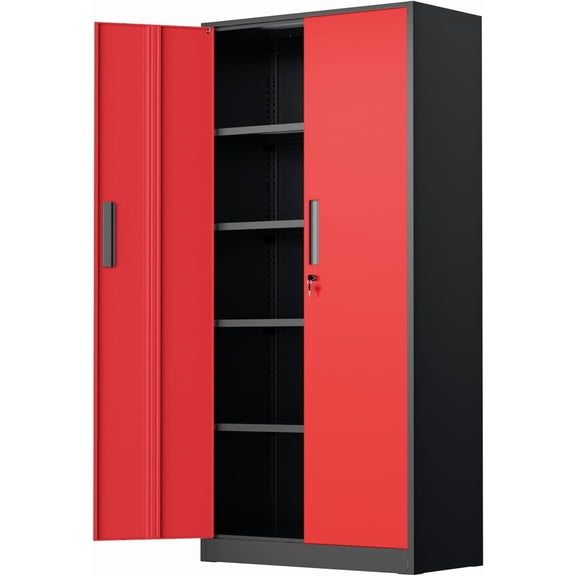 72" Metal Storage Cabinet - Heavy-Duty Metal Garage Cabinet with 4 Adjustable Shelves & 2 Doors for Tools, Office, Home, Workshop,Black & Red-Small