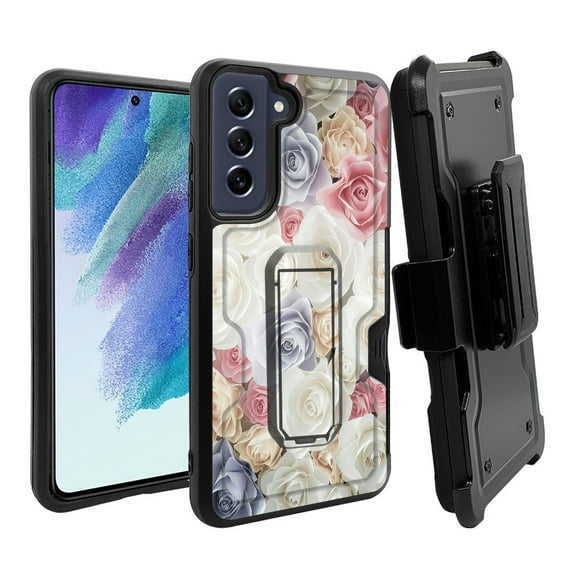 ANJ  Rugged Dual Layer Shockproof Holster Case w/Card Slot, Kickstand   Tempered Glass for Samsung Galaxy S21 FE 5G - Silky Roses