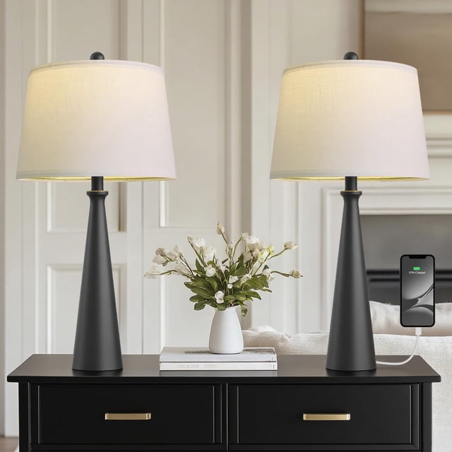 Lamp Oeach (65 cm), moderno set de 2 unidades con USB, color negro