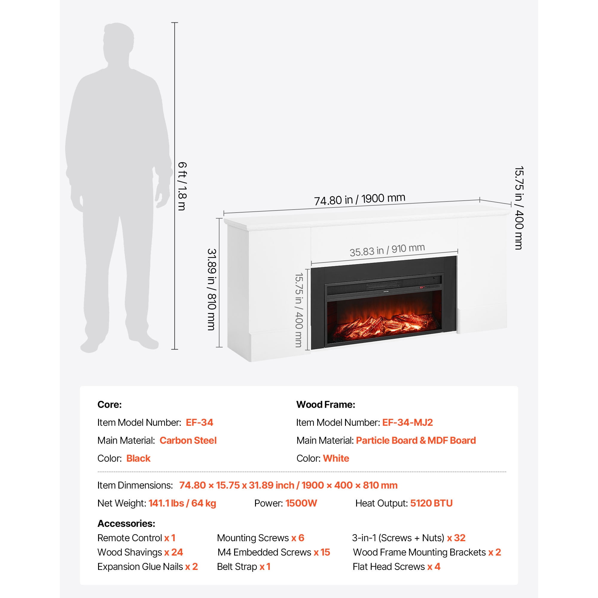 KFFKFF 75-Inch Freestanding Electric Fireplace with Mantel, 1500W Heater, Adjustable Flames, Timer, Remote Control, Overheat Protection, Ideal for Living Room or Bedroom, White