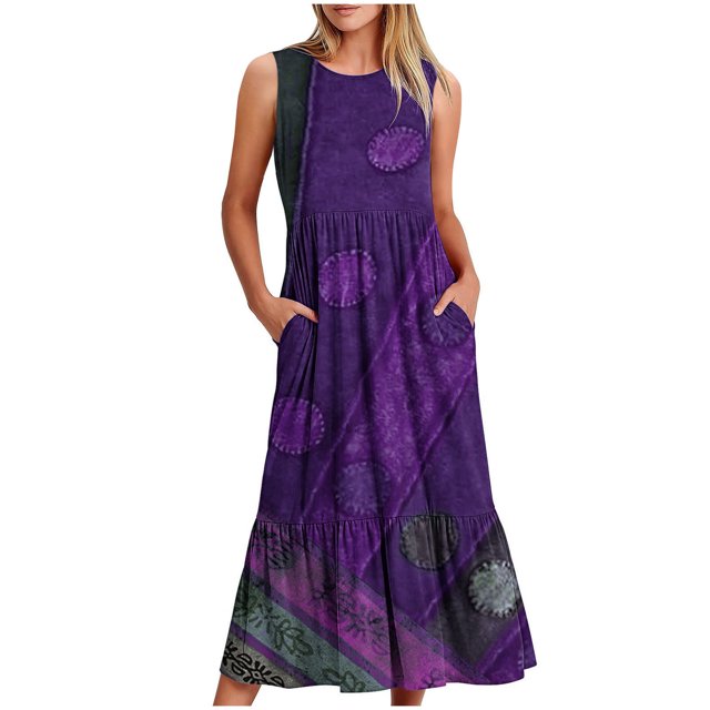 FcBaudy Robe Sans Manches à Col Rond, Robes d'Été pour Femmes, Robes pour Femmes Robe Imprimée Sans Manches à Col Rond pour Femmes