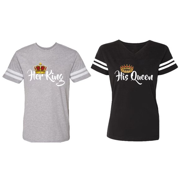Her King His Queen Matching Couple Cotton Jerseys (Men Heather / Women Black) (Men S / Women S)