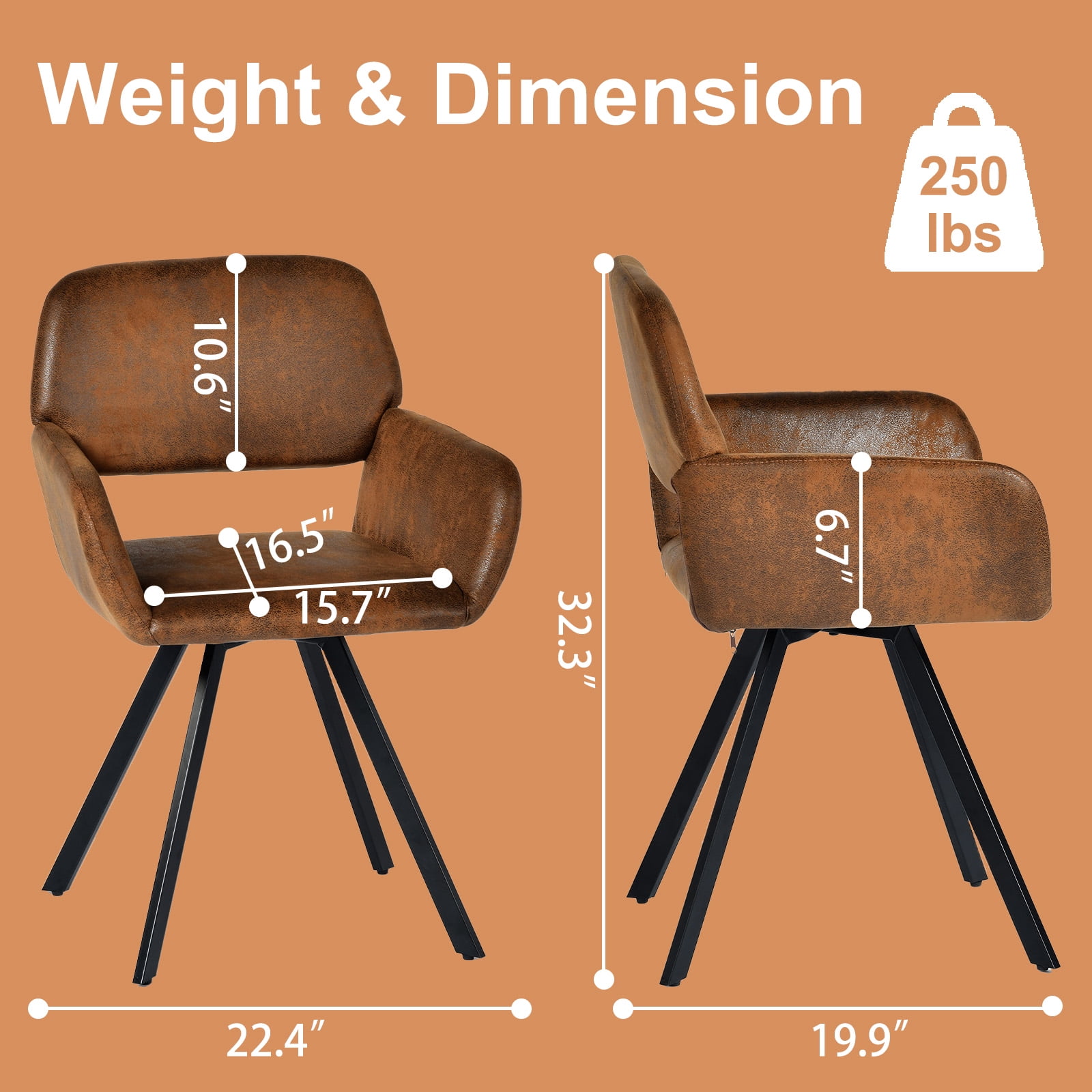 Ensemble de 2 fauteuils de coiffeuse avec accoudoirs, assise pivotante et revêtement similicuir, pieds métalliques modernes, similicuir brun
