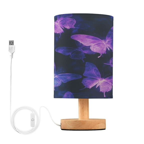 Purple Glowing Butterflies Small Lamp Printed Gifts Table Lamp USB Bedside Desk Nightstand Lamp Wood Base for Bedroom Living Room Office Desk College Dorm
