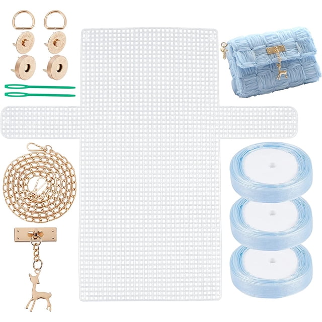 Kit para tejer y hacer bolsos a crochet: incluye láminas de plástico, malla y cintas para manualidades, accesorios y agujas de tejer.