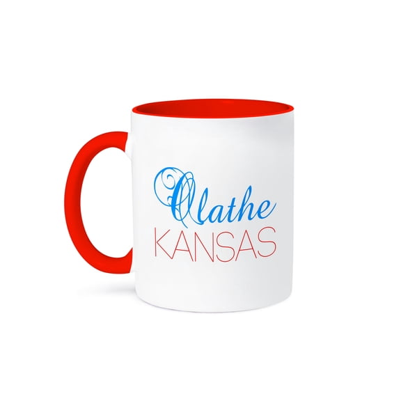 3drose, Olathe, Kansas Blue, Red Text. Patriotic Home Town Design, 11oz Two-tone Red Mug