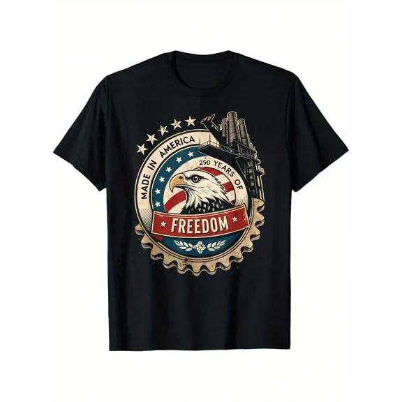Men's Patriotic Bald Eagle Graphic T-Shirt, 250 Years of Freedom USA Flag Vintage Style Tee, Black