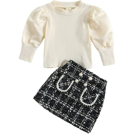 

PIKADINGNIS Kids Toddler Baby Girls Clothes Mesh Patchwork Puff Sleeve Ribbed Shirt Tops Plaid Tweed Mini Skirt Outfits Set