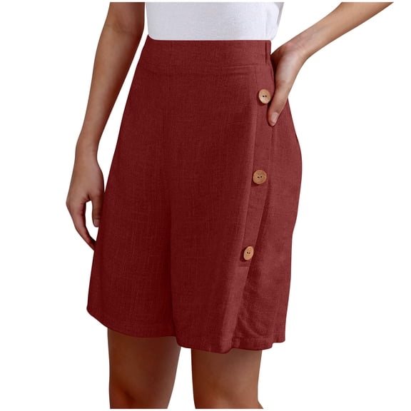PWPSG Womens High Waist Linen-Blend Skort Shorts, Side Button Ornament Breathable Fabric Relaxed Silhouette Casual Dressy Style Red S