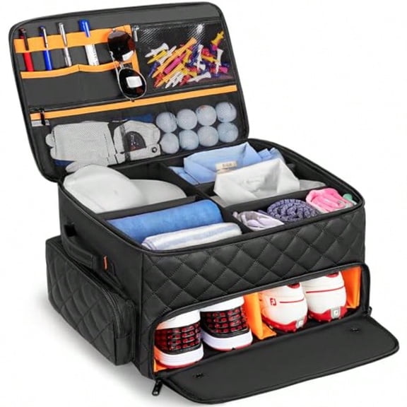 2 Layer Golf Trunk Organizer Golf Car Storage Organizer with Individual Ventilated Compartment for 2 Pairs Shoes Golf Car Locker for Balls Clothes Tees Gloves Accories